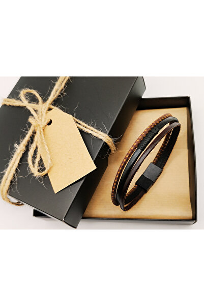 imer Hakiki Deri Siyah Mıknatıs Klipsli Kahverengi Erkek Bileklik