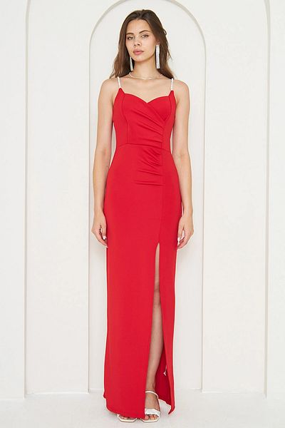 WOMAN VISION Women's Jewelled Strap Scuba Fabric Maxi Length Red Dress with Chest Cutout and Slit Detail582513