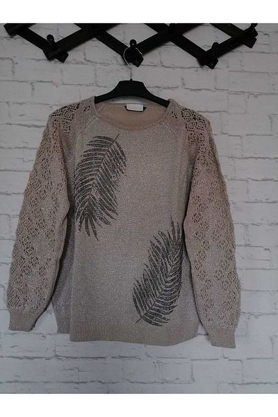 anne moda ankara Блестящ, памучен пуловер с дълъг ръкав и двоен шарен лист