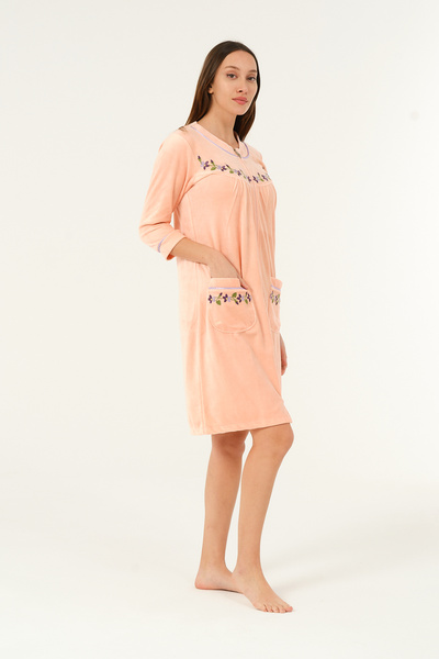 İntensive Kadın Fermuarlı Nakış Detaylı Pamuklu Kadife Elbise