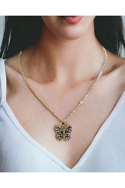 Mixperi Zircon Stone Yellow Chain Butterfly Model Necklace Butterfly Patterned Necklace