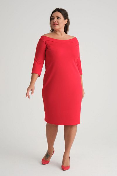 Madwilo Women's Red Carmen Collar Three Quarter Sleeve Plus Size Flexible Crepe Dress