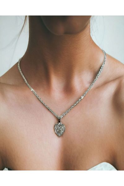 Mixperi Zircon Stone White Chain Heart Model Necklace Heart Key Pattern Necklace