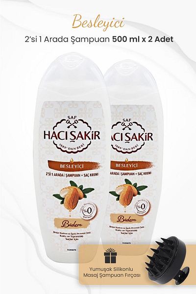 Hacı Şakir Green Almond 2 in 1 Shampoo - 500 ml x 2 Pieces and Shampoo Brush