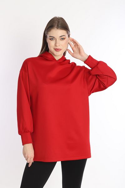 NEED LİFE Women's Red Scuba Fabric Hooded Comfortable Fit Sweat Tunic - Nd 2355