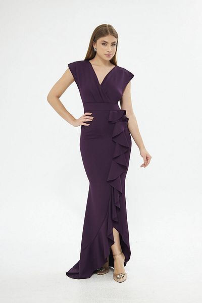WOMAN VISION Rochie maxi mov, fără mâneci, pentru femei, cu guler la două piepturi, cu detalii de volantă582443