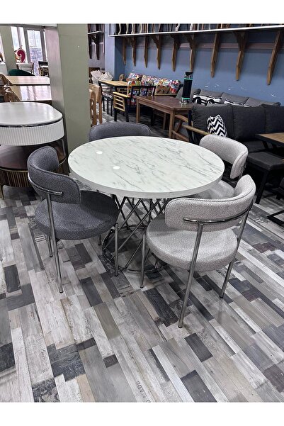 Ankara Dinç Metal Sehpa Yuvarlak Masa Sandalye Takımı Krom Ayak Beyaz mermer Glos Masa