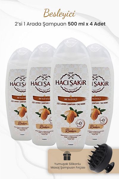 Hacı Şakir Almond 2 in 1 - 500 ml x 4 Black Shampoo and Brush Set