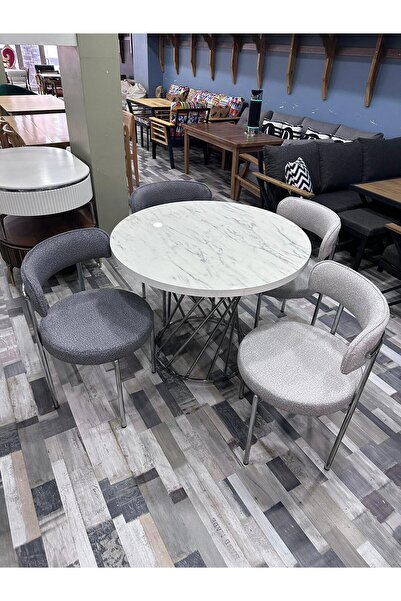 Ankara Dinç Metal Sehpa Yuvarlak Masa Sandalye Takımı Krom Ayak Beyaz mermer Glos Masa