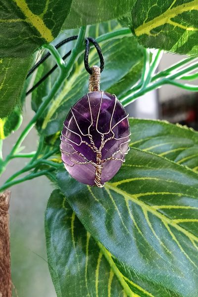 TAUS STONE Amethyst Stone Tree of Life Pendant (Leather Rope is Gift)
