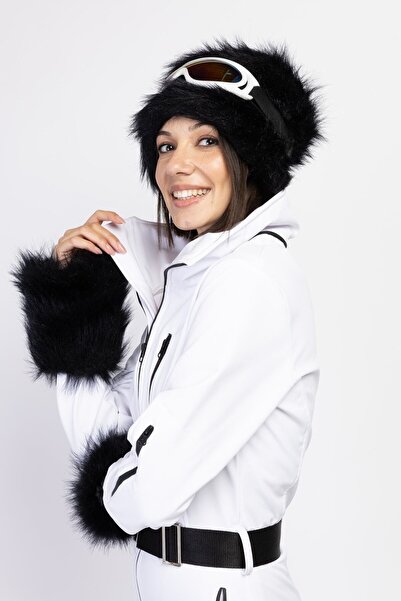serpildinc Siyah Kalpak ,kol Kürk Detaylı kadın kar Kayak Tulumu skisuits