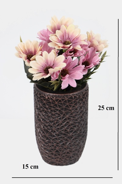 Yapay Çiçek Deposu Lüx Beton Retro Tombul Vazoda Yapay Papatya Dekoru 25 cm Krem-Mor