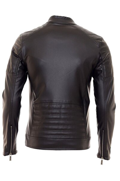 Oliggopol Men's Black Slim Fit Leather Jacket with Inner Pocket