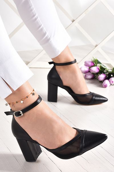 Erkan Saçmacı Diana Black Vegan Mesh Pantofi cu toc gros