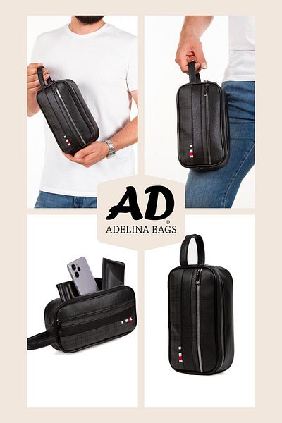Newish Black Leather Plaid Detailed Portfolio Clutch Bag Travel Cosmetic Bag Men's Clutch Bag