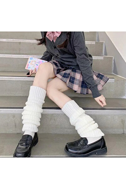 Gofeel Harajuku Street Düz Beyaz Kışlık Kalın Bol Tozluk