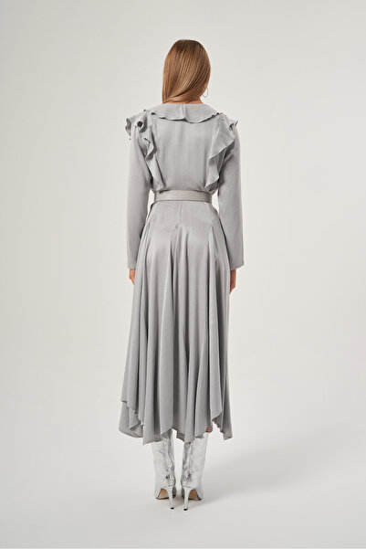 Mimya Gray Flounce Collar Leather Belt Dress 2807