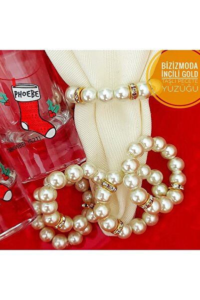 bizizmoda New Year's Napkin Holder Pearl and Jewelled Napkin Ring Set of 6