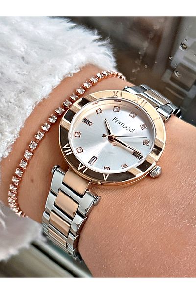 Ferrucci Rose Gold Color Roman Numeral Model Steel Strap Women's Wristwatch + BRACELET WITH GIFT