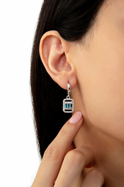 Ressia Gümüş Rodyumlu Çizgili Baget Mavi Taşlı Küpe