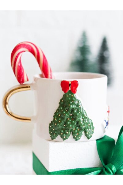 BuNeBox 24k Gerçek Altın Dekorlu El Yapımı Yılbaşı Çam Ağacı Seramik Mug Kupa