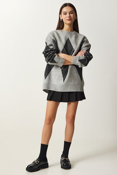 Happiness İstanbul Hellgrauer, hochwertiger Oversize-Strickpullover mit Rautenmuster für Damen FN03163