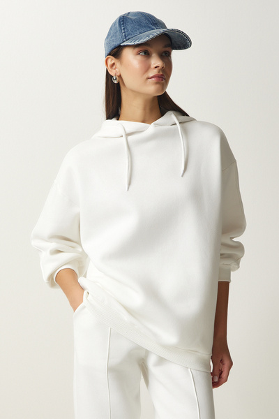 Happiness İstanbul Női, fehér kapucnis kendős, kötött tréningruha szett DD01279