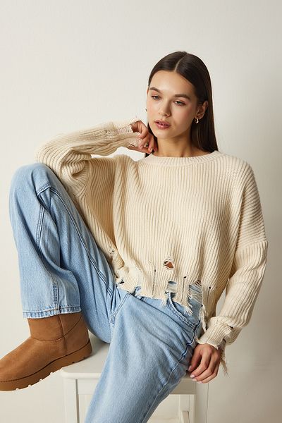 Happiness İstanbul Pulover oversize din tricot cu detalii crem rupte Ki00098