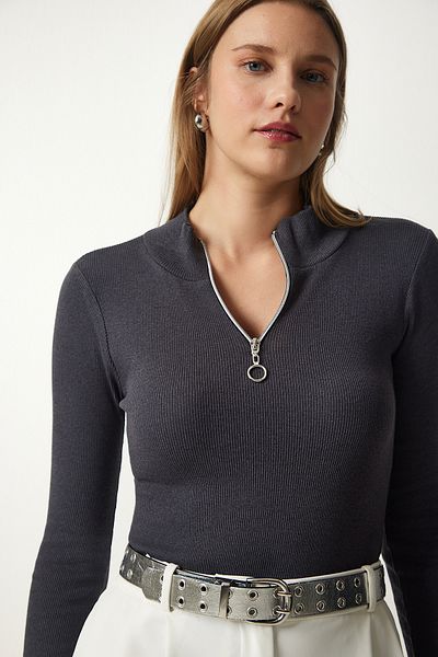 Happiness İstanbul Women's Anthracite Zippered Collar Knitted Blouse GT00045