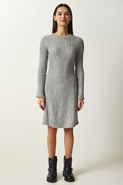 Happiness İstanbul Γυναικείο πλεκτό φόρεμα σε γκρι κορδόνι A-line MT00146