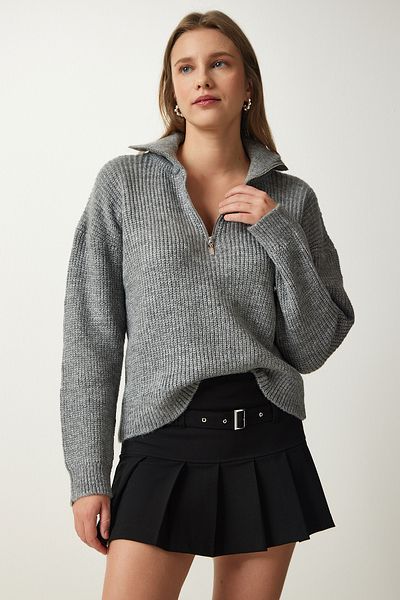 Happiness İstanbul Dámský šedý svetr s límečkem na zip BV00100