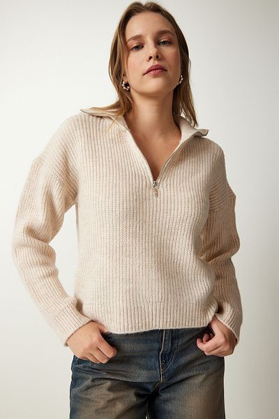 Happiness İstanbul Women's Dark Cream Zippered Collar Knitwear Sweater BV00100