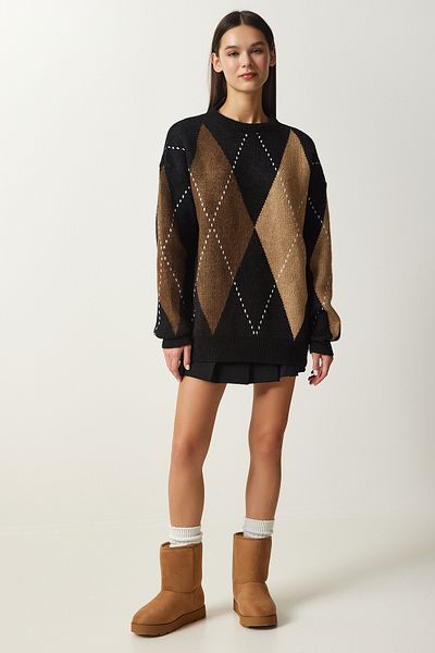 Happiness İstanbul Women's Black Premium Diamond Patterned Oversize Knitwear Sweater FN03163