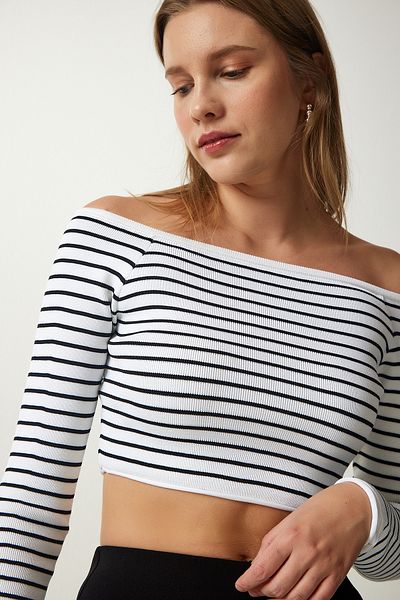 Happiness İstanbul Weiße, gestreifte Crop-Bluse mit quadratischem Ausschnitt für Damen PF00019