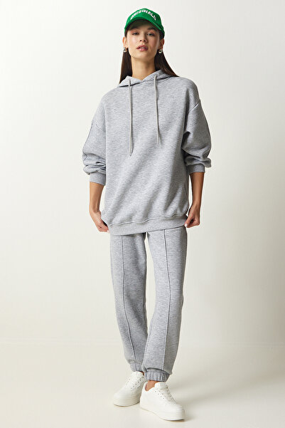 Happiness İstanbul Női szürke kapucnis kendős kötött tréningruha szett DD01279
