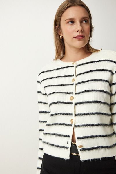 Happiness İstanbul Women's Bone Black Stylish Buttoned Striped Knitwear Cardigan PF00051