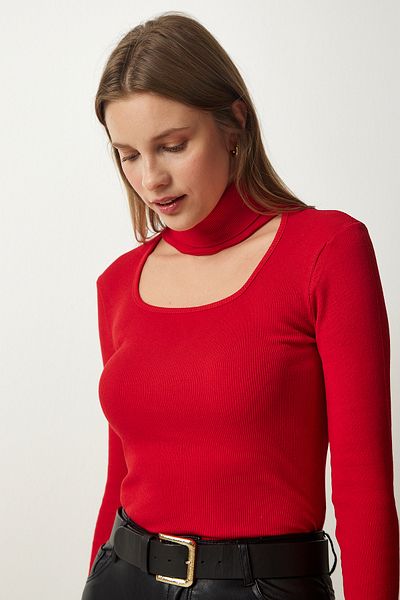 Happiness İstanbul Women's Red Cut Out Detailed Turtleneck Corded Knitted Blouse GT00228