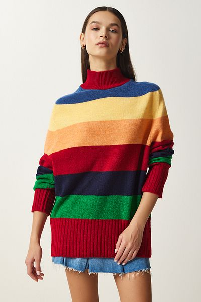Happiness İstanbul Roter, gestreifter Oversize-Strickpullover für Damen in Blockfarben MX00149