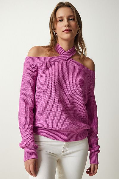 Happiness İstanbul Damen-Strickpullover mit offenen Schultern in Flieder mx00118