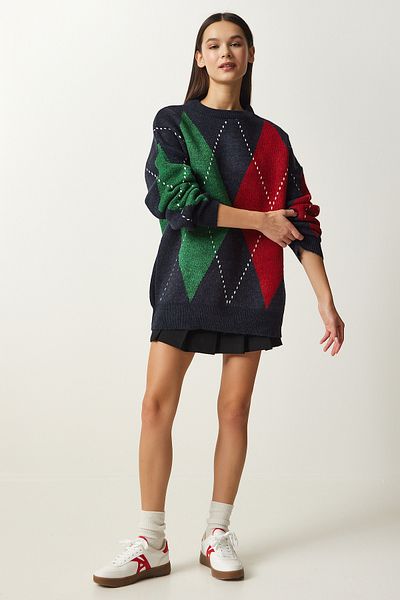 Happiness İstanbul Women's Dark Navy Blue Premium Diamond Patterned Oversize Knitwear Sweater FN03163