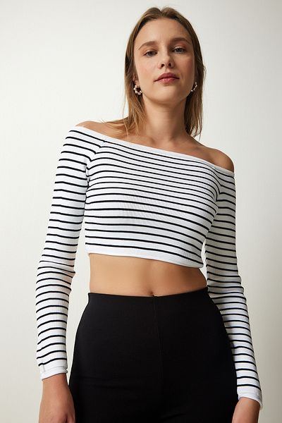 Happiness İstanbul Weiße, gestreifte Crop-Bluse mit quadratischem Ausschnitt für Damen PF00019