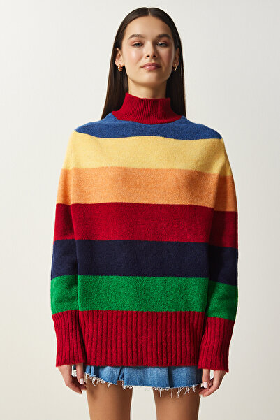 Happiness İstanbul Kadın Kırmızı Blok Renkli Çizgili Oversize Triko Kazak MX00149