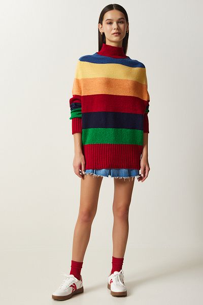 Happiness İstanbul Roter, gestreifter Oversize-Strickpullover für Damen in Blockfarben MX00149