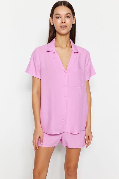 Trendyol Collection Světle růžová viskózová košile-šortky Tkaná pyžamová souprava s šortkami THMSS19PT0004
