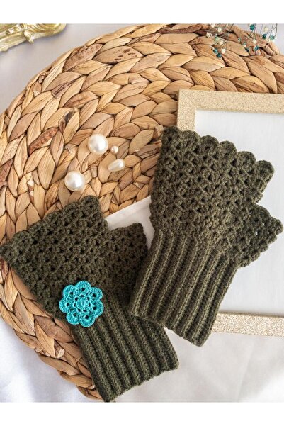 BeuBella Aksesuar Özel Tasarım Boncuk Detay Mavi Çiçek Motifli Koyu Yeşil Eldiven