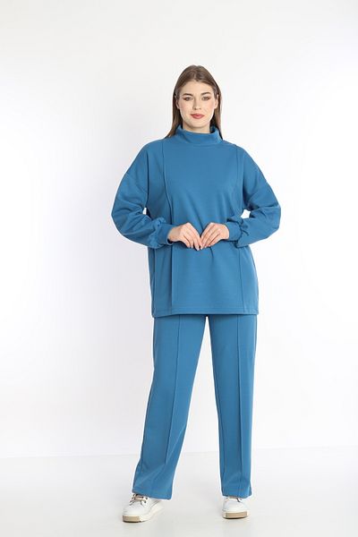NEED LİFE Women's Blue Double Cotton Fabric Hooded Comfortable Fit Stand Collar Tunic Tracksuit Set - Nd 2356