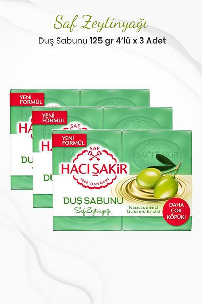Hacı Şakir Pure Olive Oil Glycerin Shower Soap 4 x 125 gr x 3 Pieces