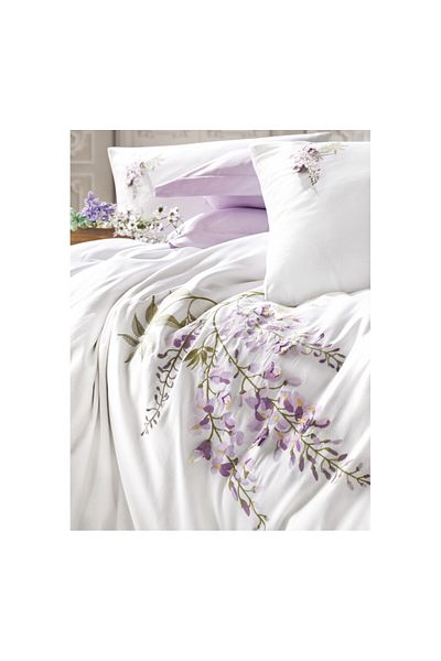 ŞENER HOME Set cuvertură de pilota din satin dublu brodat 3d Cottonbox Mita Lila