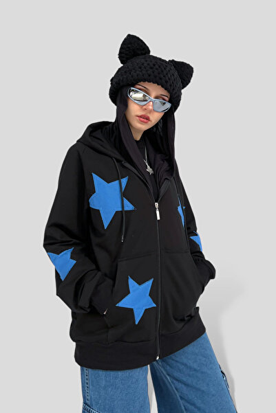 weywot YILDIZ DETAYLI SİYAH MAVİ İŞLEMELİ 3İPLİK KALIN HIRKA