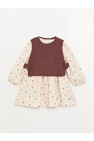 LC Waikiki LCW baby Crew Neck Long Sleeve Patterned Baby Girl Dress and Sweater 2 Pieces Set
